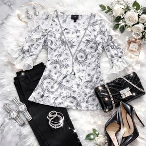 Worthington | Elegant Black & Ivory Floral Blouse with Slit Ruffle Sleeves | L